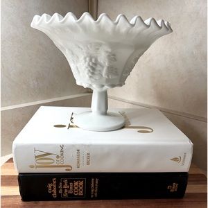 Pedestal Milk Glass Bowl in Grape Vine Pattern